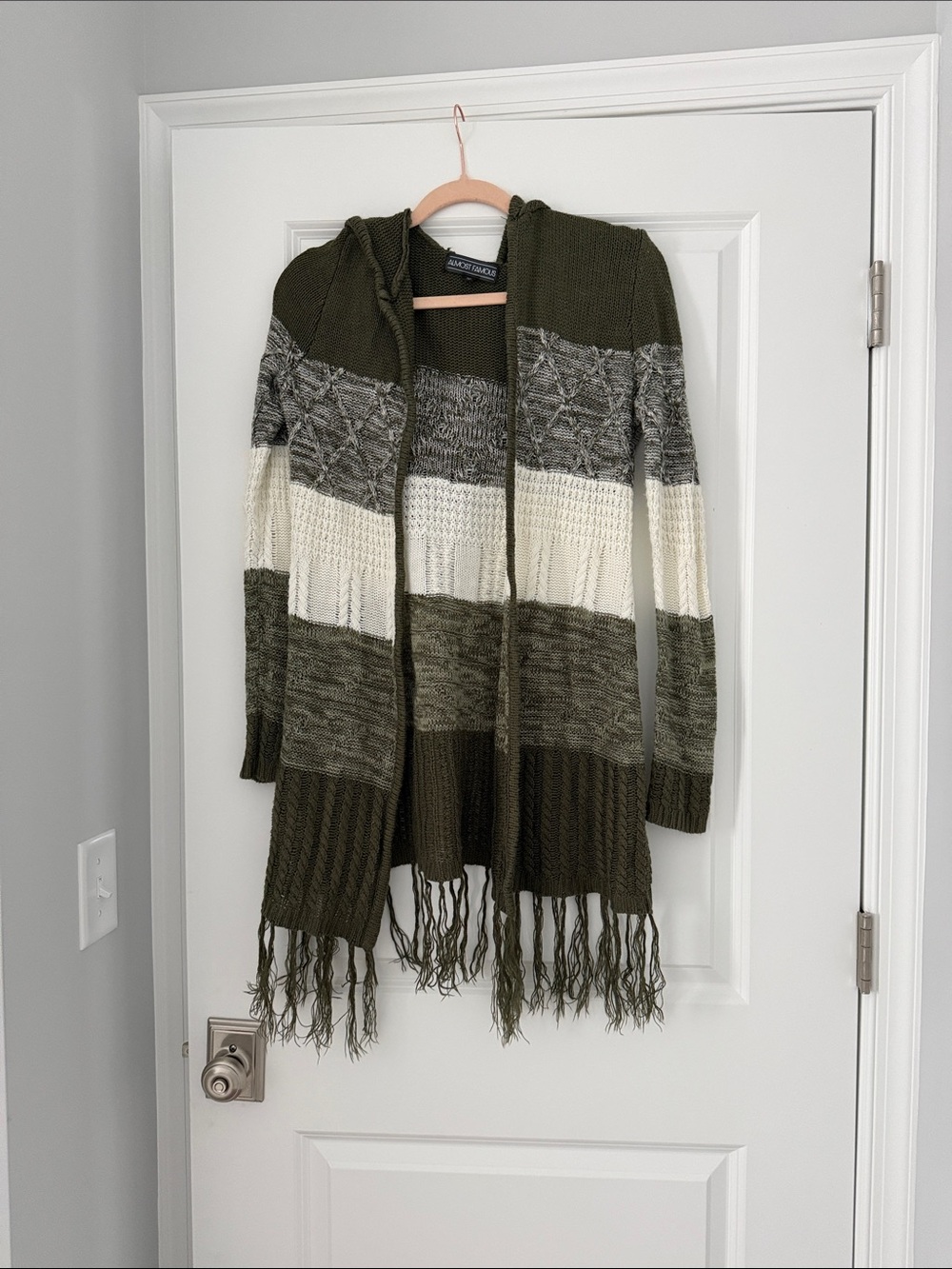 Almost Famous Olive, Gray & Cream Hooded Fringe Cardigan